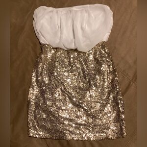 White and Gold Sequin Strapless Dress